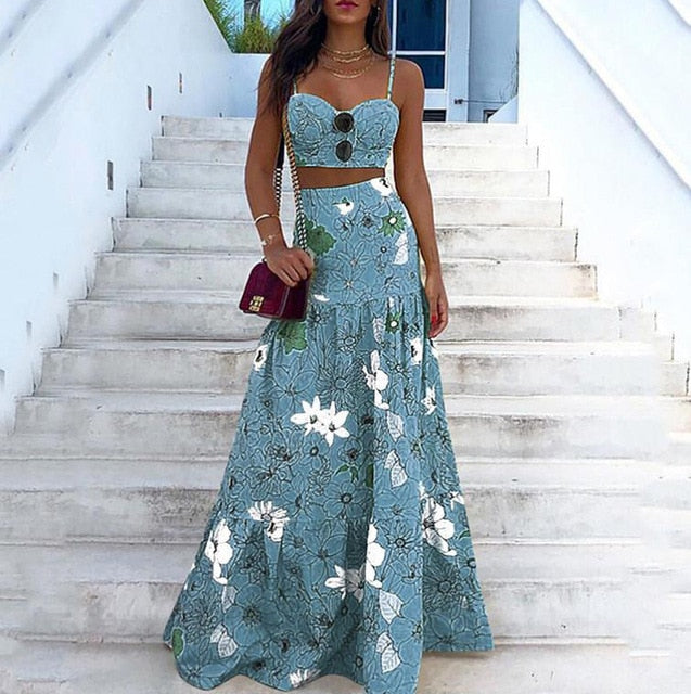 Floral Print Spaghetti Strap Crop Top & Maxi Skirt