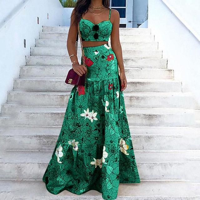 Floral Print Spaghetti Strap Crop Top & Maxi Skirt