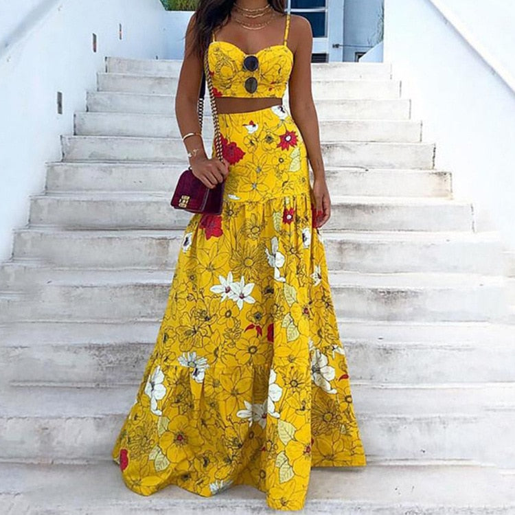 Floral Print Spaghetti Strap Crop Top & Maxi Skirt