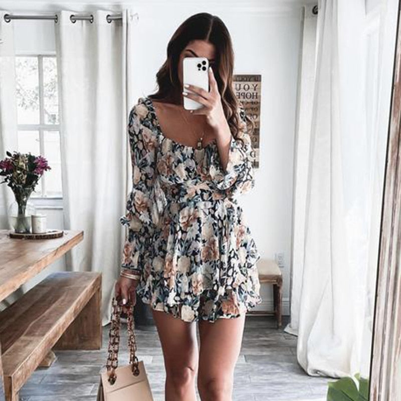 Long Sleeve Square Collar Floral Romper