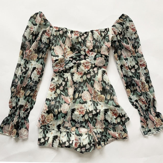 Long Sleeve Square Collar Floral Romper