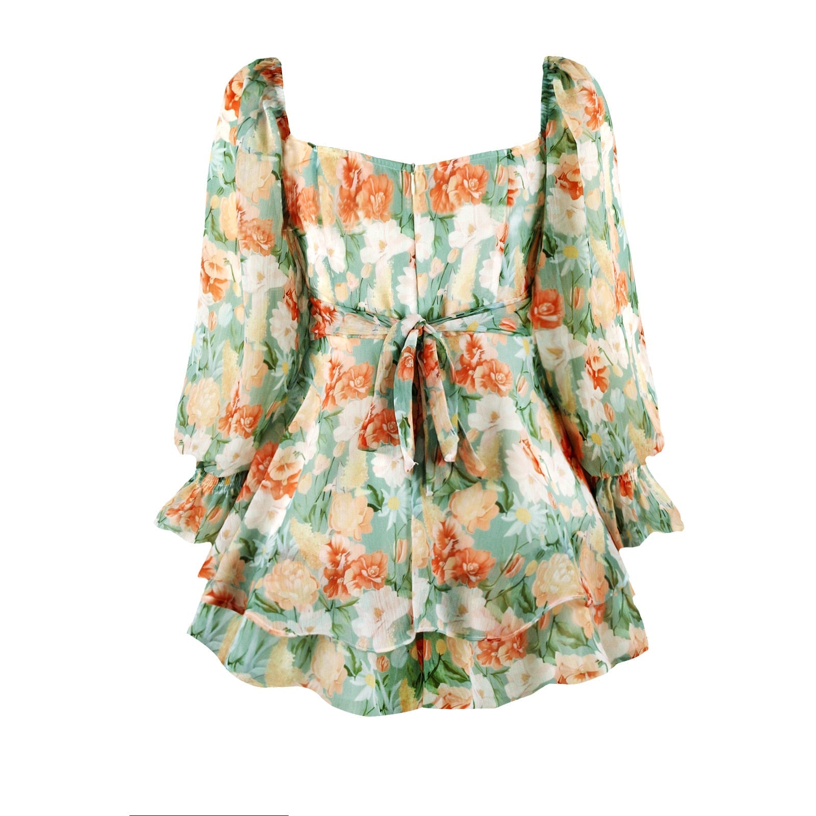 Long Sleeve Square Collar Floral Romper