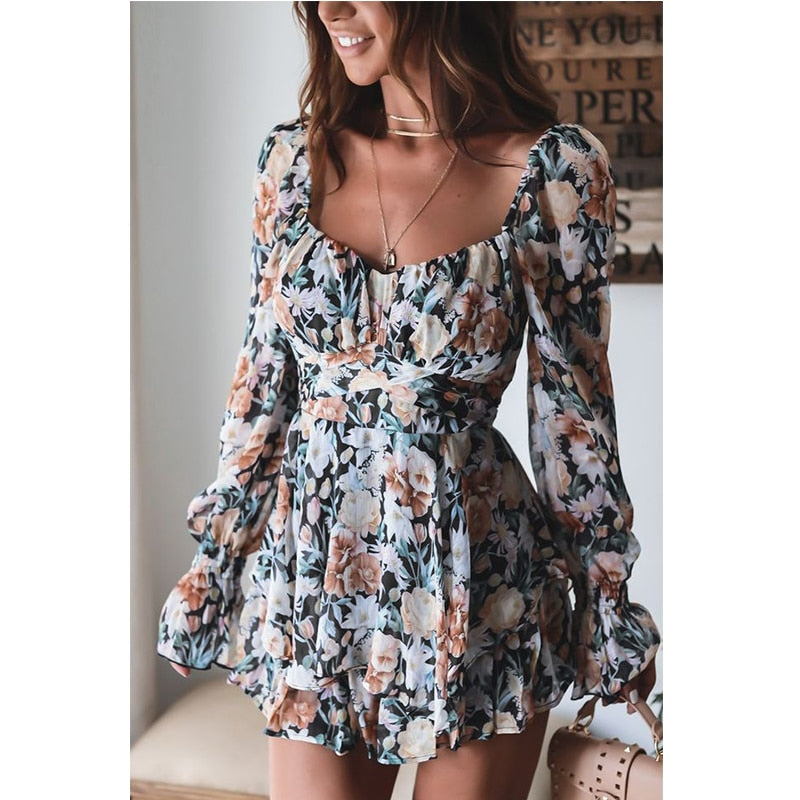 Long Sleeve Square Collar Floral Romper