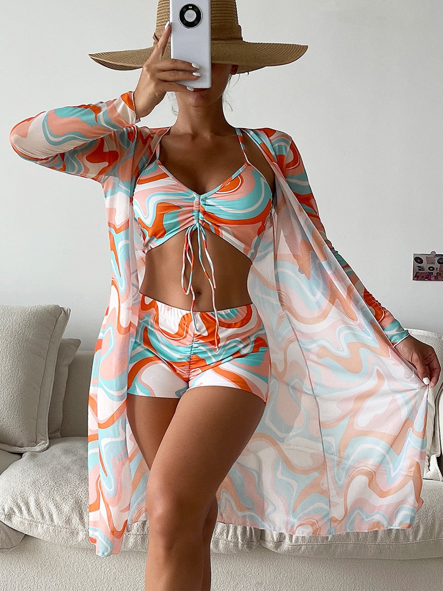 High Waist Long Sleeve Push Up Swimwear