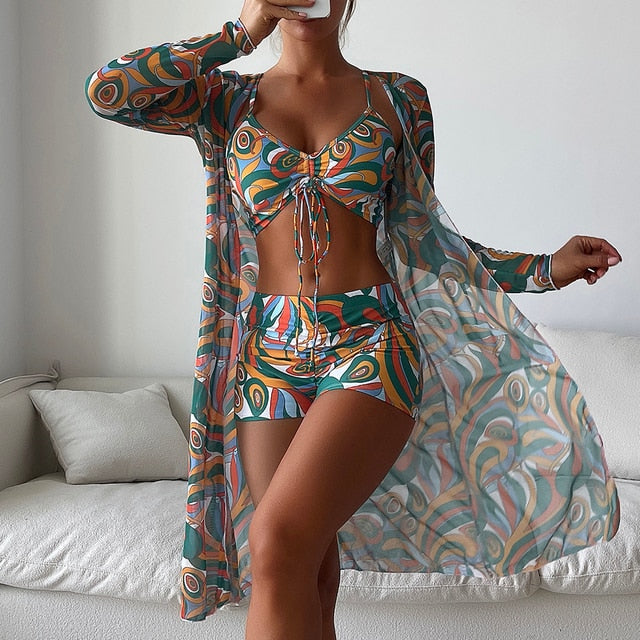 High Waist Long Sleeve Push Up Swimwear