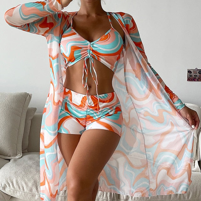 High Waist Long Sleeve Push Up Swimwear