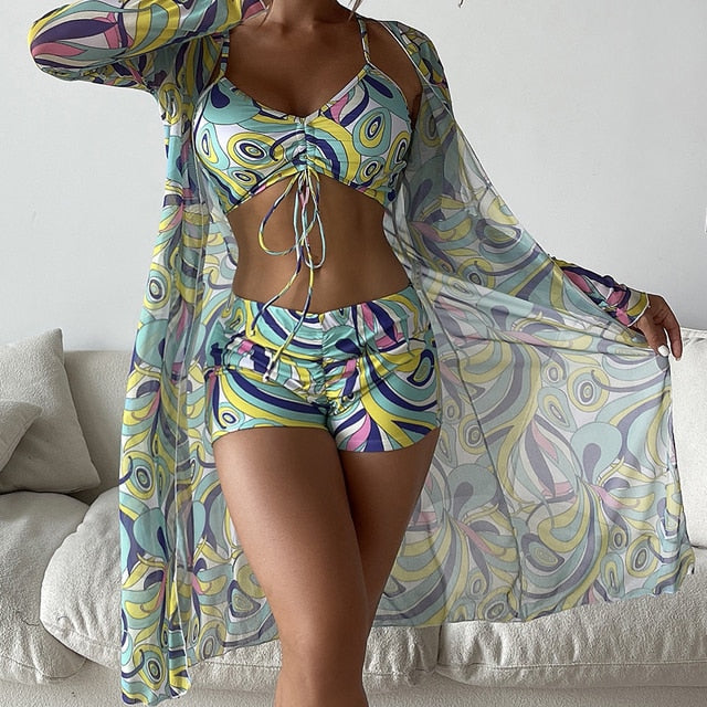 High Waist Long Sleeve Push Up Swimwear