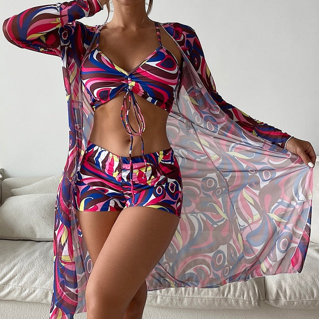 High Waist Long Sleeve Push Up Swimwear