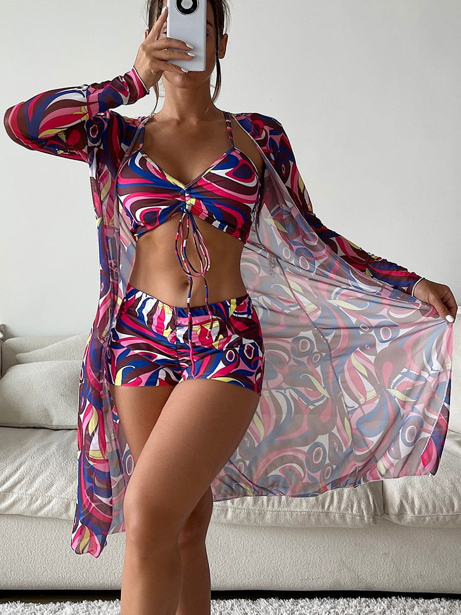 High Waist Long Sleeve Push Up Swimwear