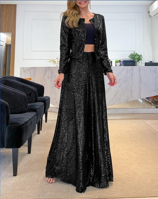 High Waist Sequin Flared Wide leg Pants