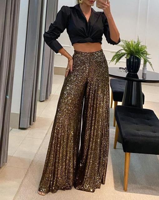 High Waist Sequin Flared Wide leg Pants