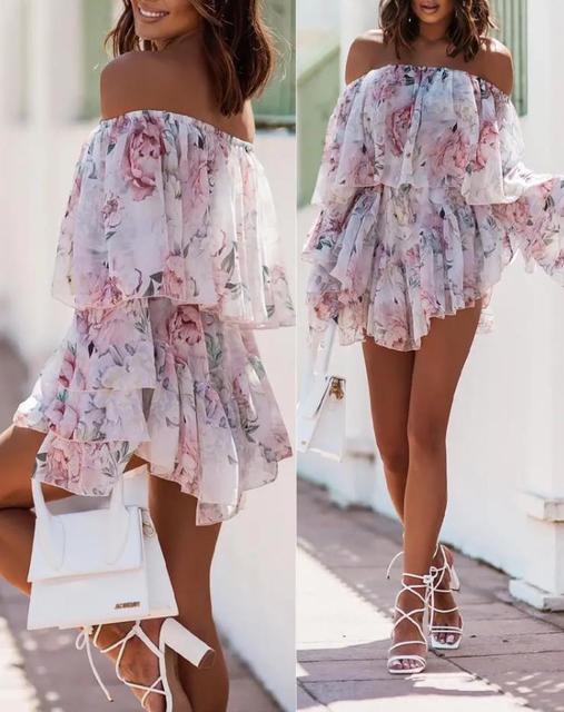 Floral Print Ruffle Off Shoulder Romper