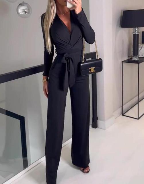 Elegant Full Sleeve Black Long Sleeve V-Neck Casual Belted Jumpsuit