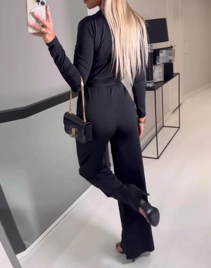 Elegant Full Sleeve Black Long Sleeve V-Neck Casual Belted Jumpsuit