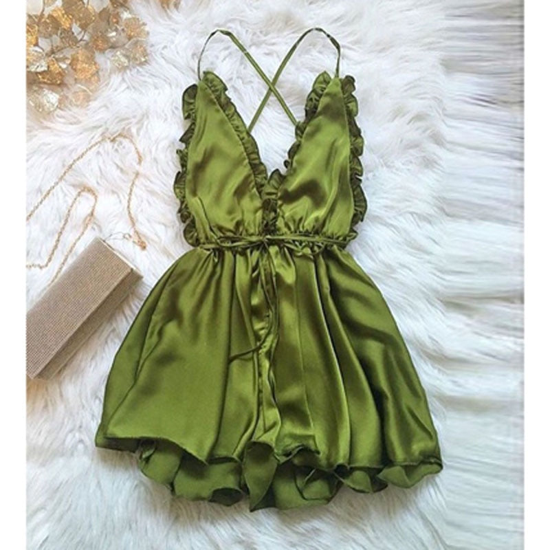 Sexy Backless  V-Neck Satin Romper