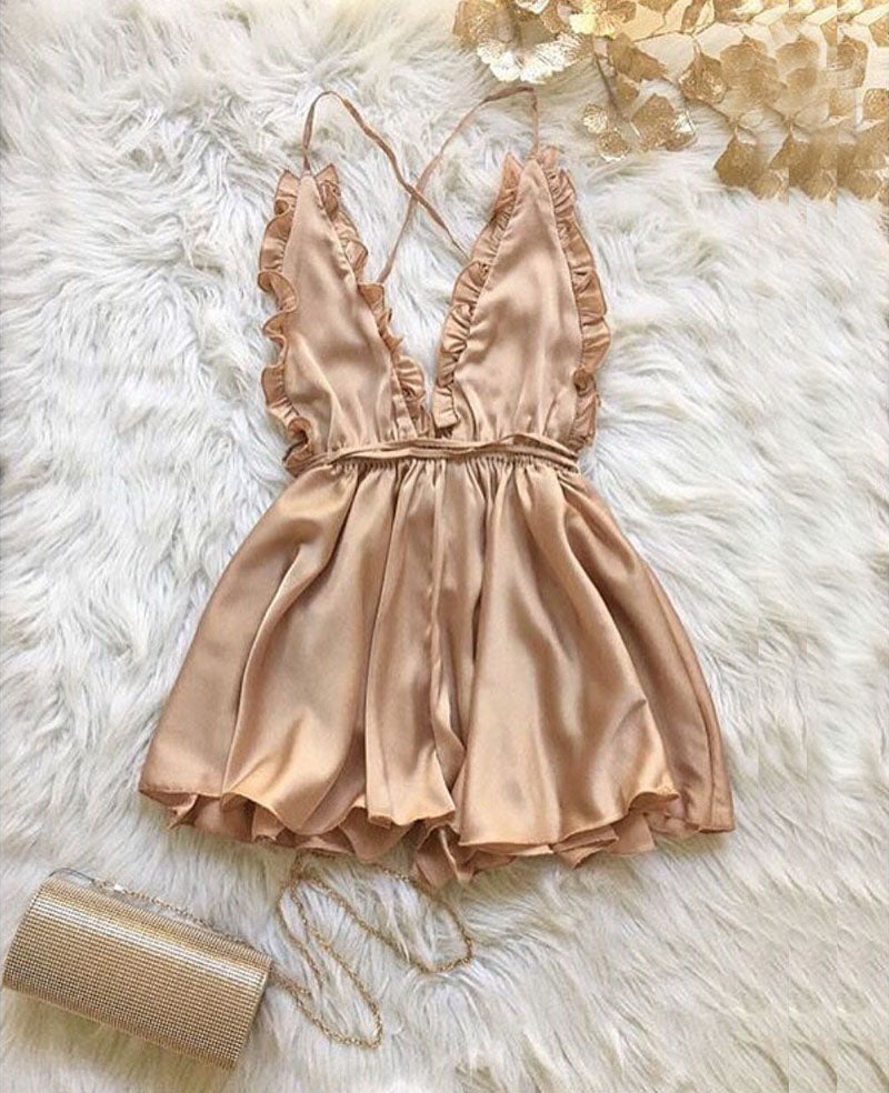 Sexy Backless  V-Neck Satin Romper