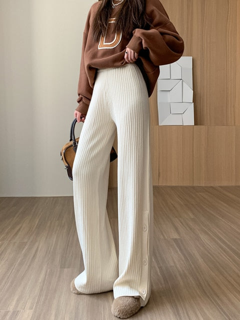 Knitted Split Button Wide Leg Pants