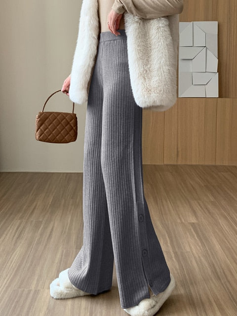 Knitted Split Button Wide Leg Pants