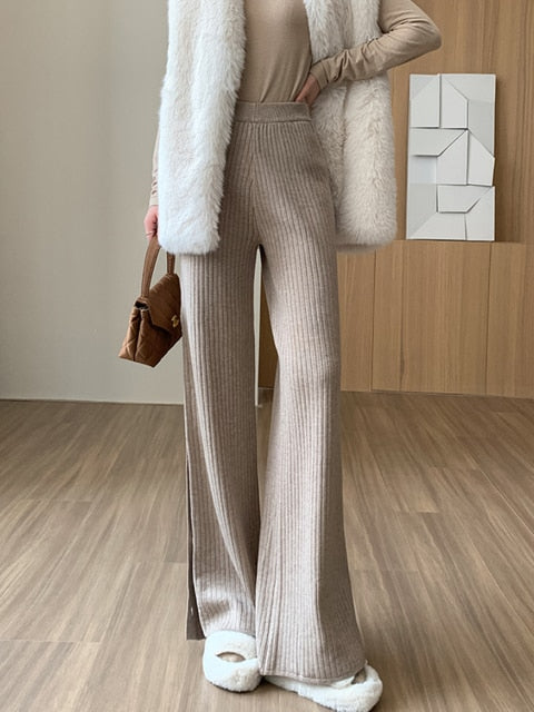 Knitted Split Button Wide Leg Pants