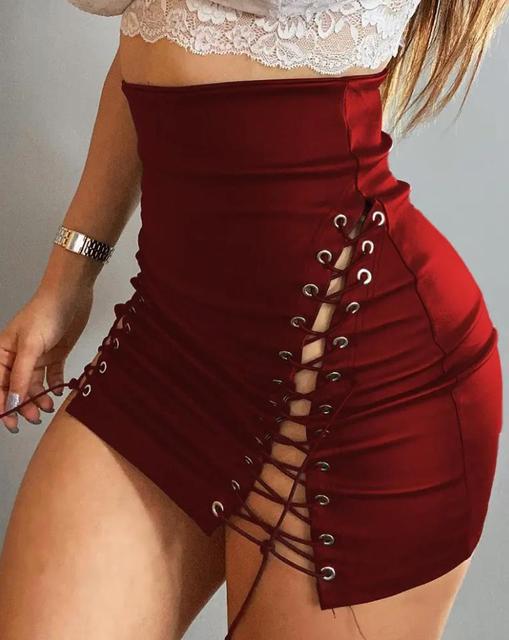 Lace-up High Waist PU Leather Mini Skirt