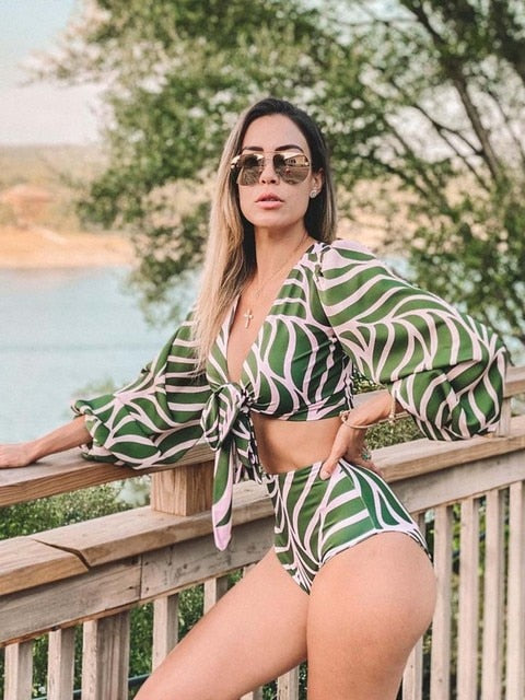 Long Sleeve High Waist Print Swimsuit