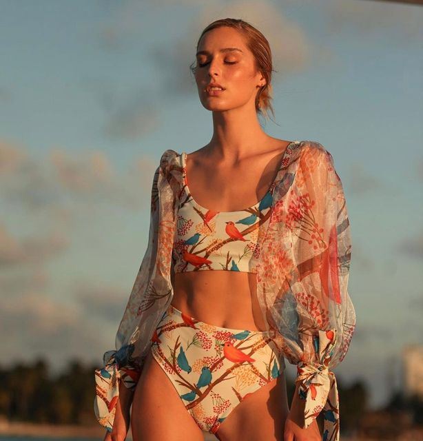 Long Sleeve High Waist Print Swimsuit