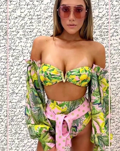 Long Sleeve High Waist Print Swimsuit