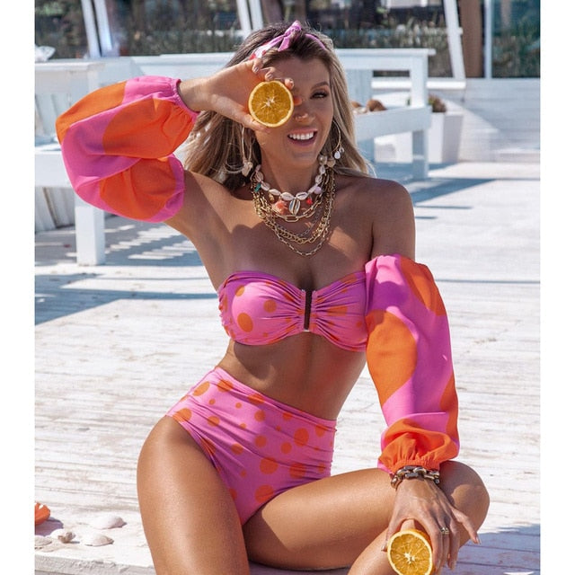 Long Sleeve High Waist Print Swimsuit