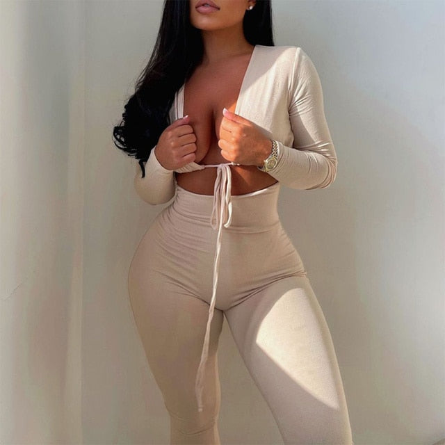 Deep V-neck Long Sleeve Jumpsuit