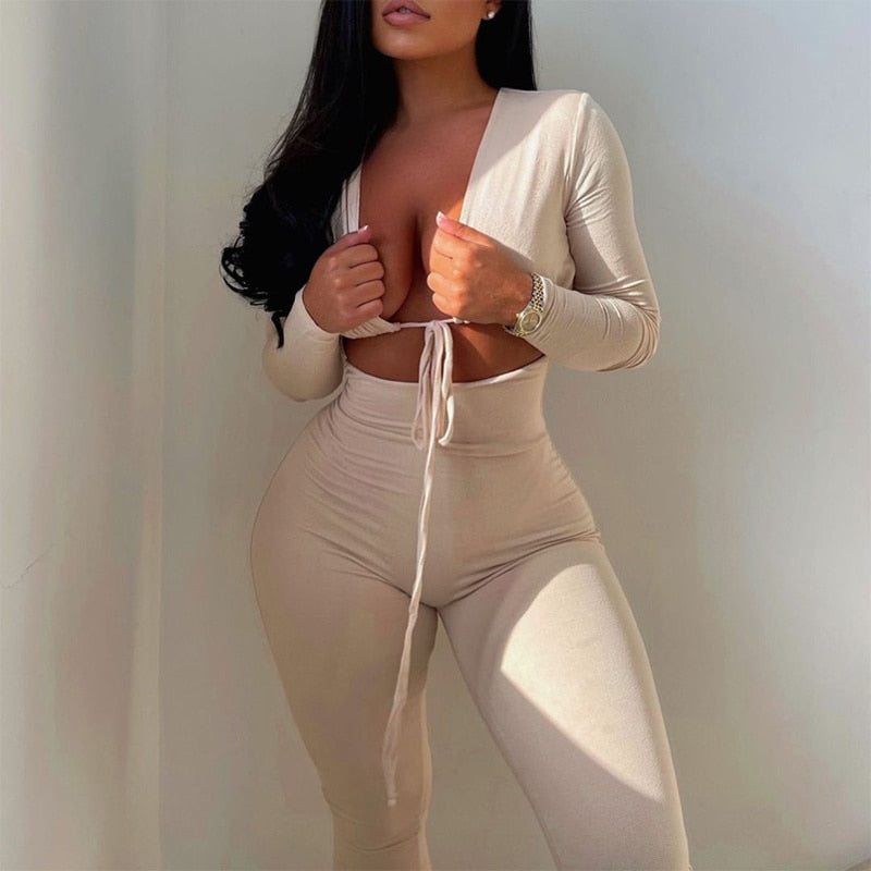 Deep V-neck Long Sleeve Jumpsuit