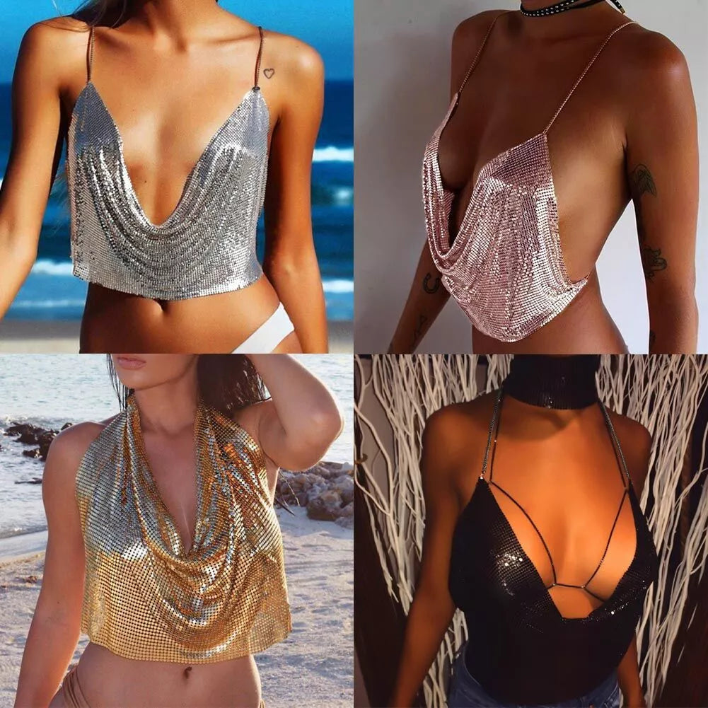 Metal Sequins Backless Chain Halter Crop Top