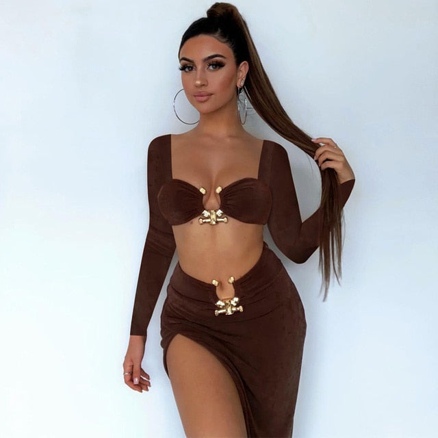 Two Piece Set Full Sleeve Crop Top And High Split Skirt