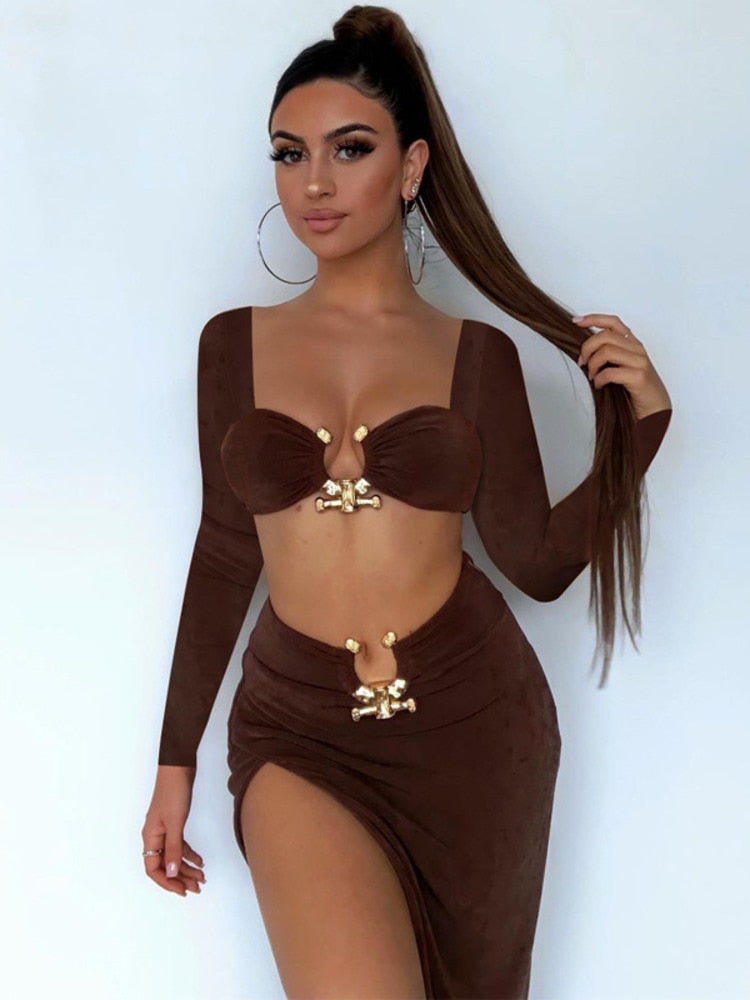 Two Piece Set Full Sleeve Crop Top And High Split Skirt