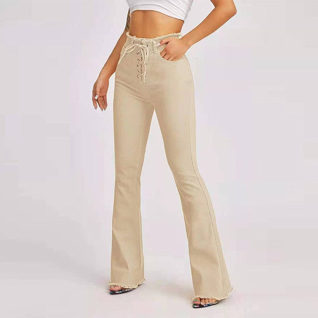 Muti Color Cotton Lace Up Flared Pants