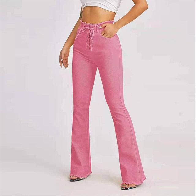Muti Color Cotton Lace Up Flared Pants