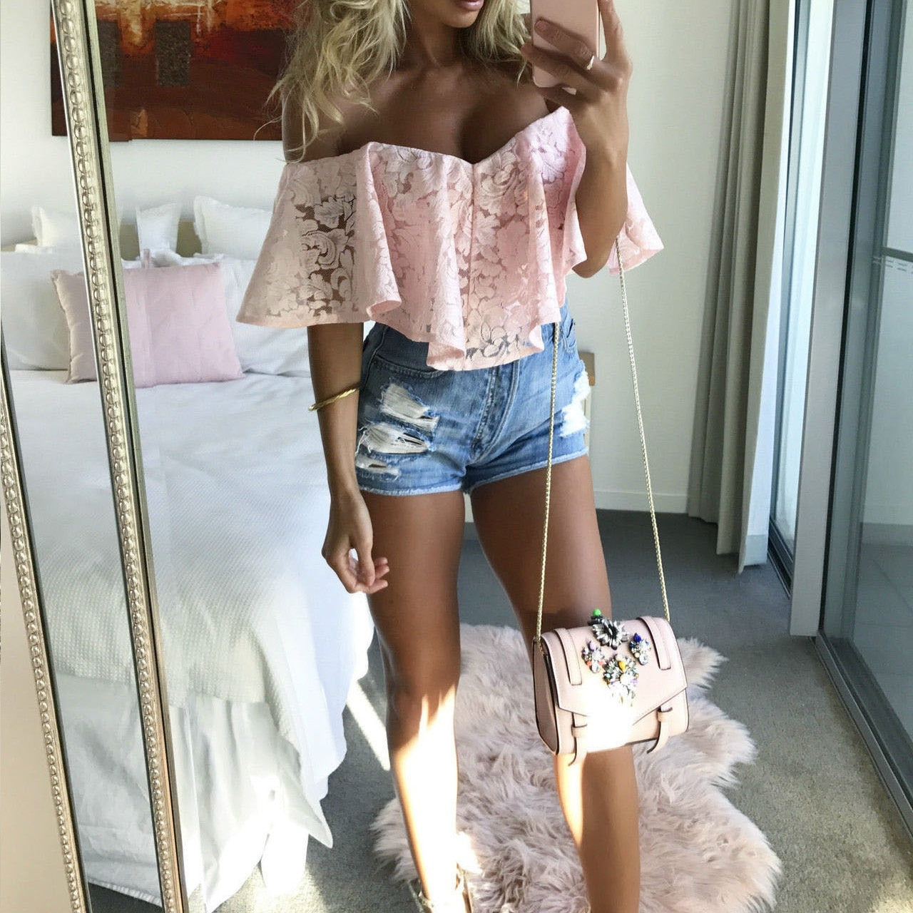 Off Shoulder Ruffle Bodysuit