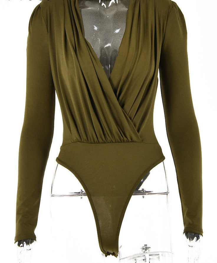 Mature Style V-neck Long-sleeved Bottoming Bodysuit