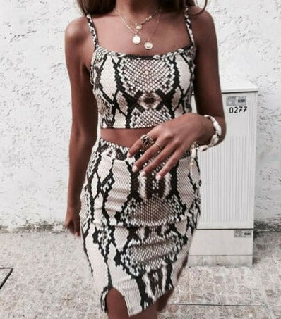 Snake Print Bandage Crop Top +Midi Skirt