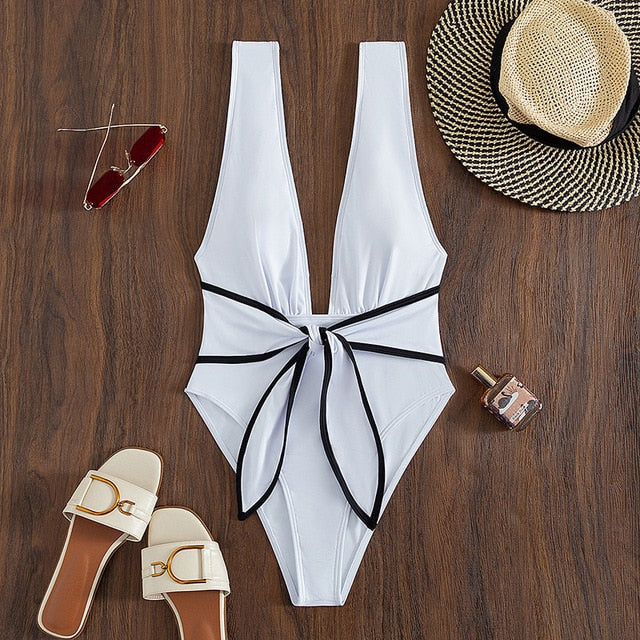 Deep V Neck One Piece Swimwear