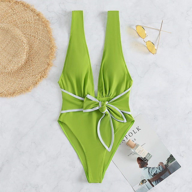 Deep V Neck One Piece Swimwear