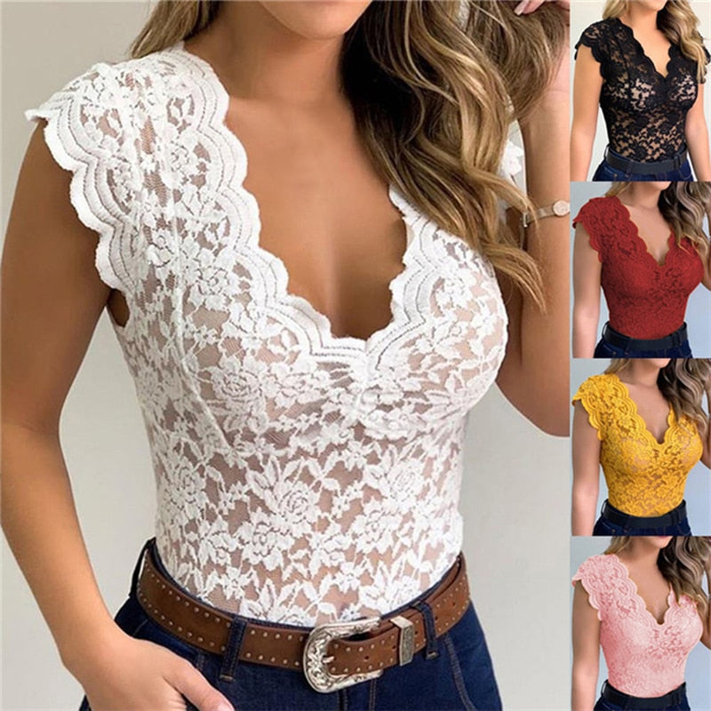 Casual Lace V Neck Blouse