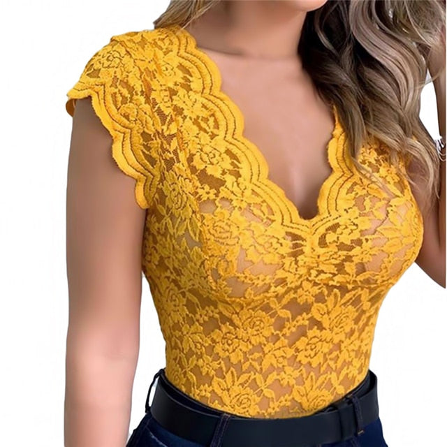 Casual Lace V Neck Blouse