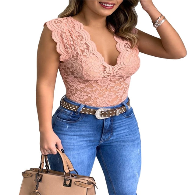 Casual Lace V Neck Blouse