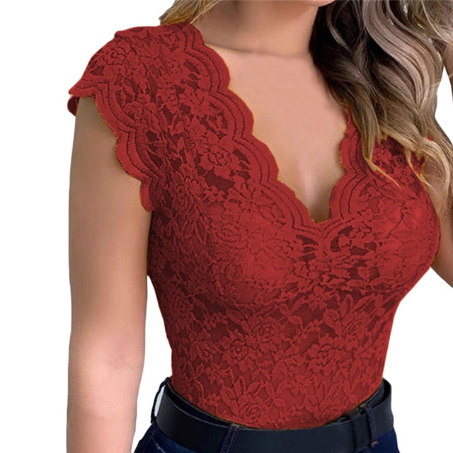 Casual Lace V Neck Blouse