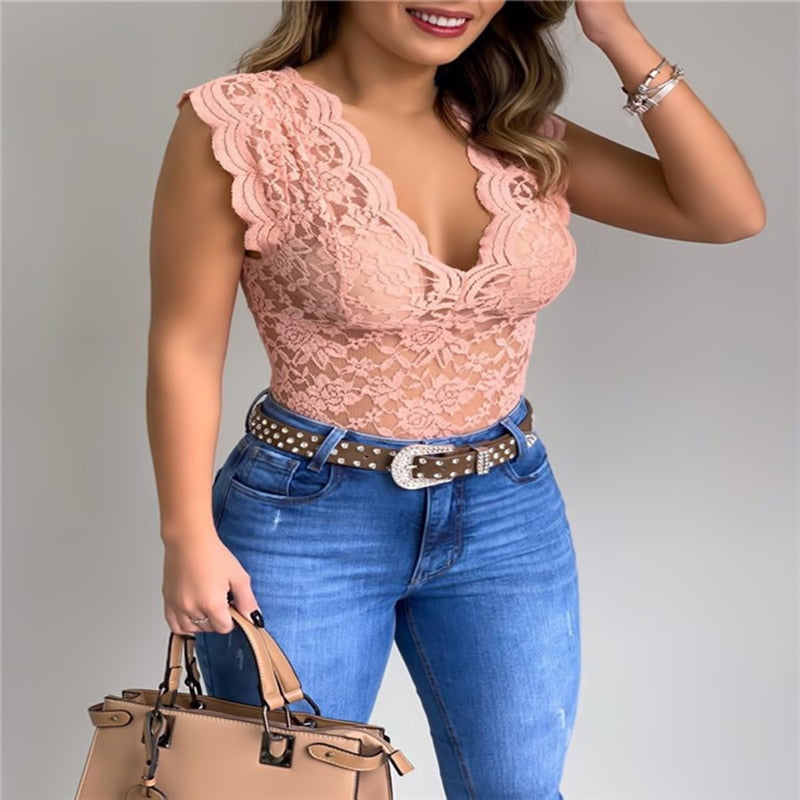 Casual Lace V Neck Blouse