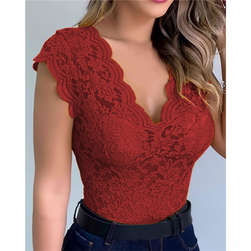 Casual Lace V Neck Blouse