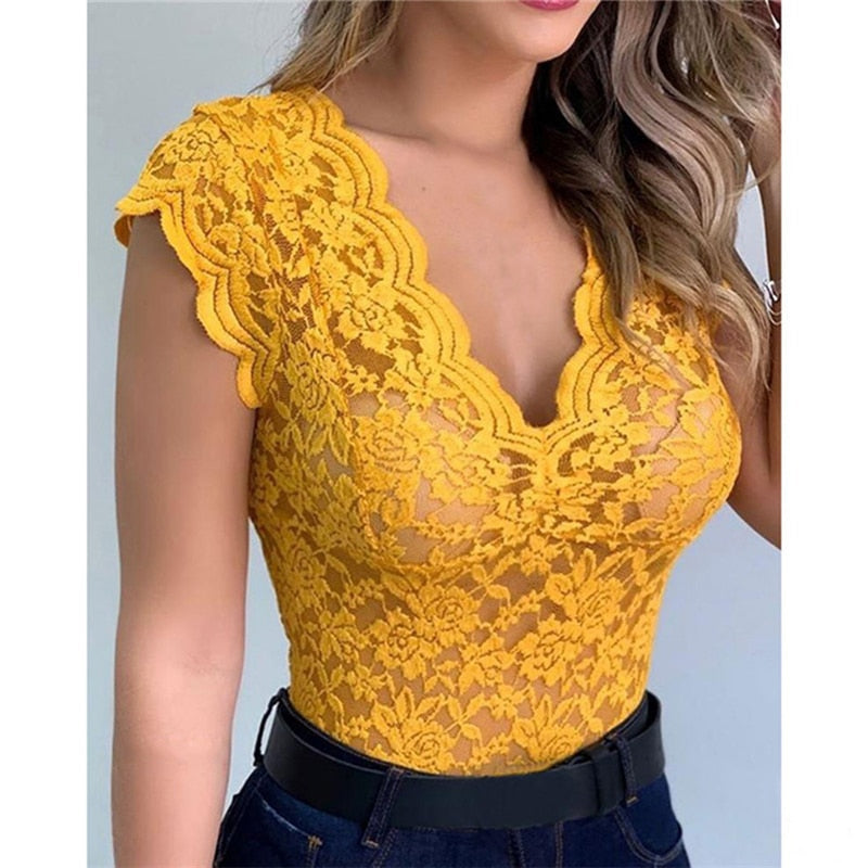 Casual Lace V Neck Blouse