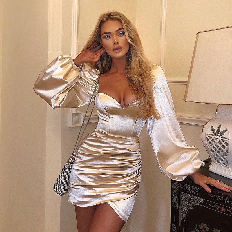 Satin Long Sleeve Top Pleated Sequins Mini Dress