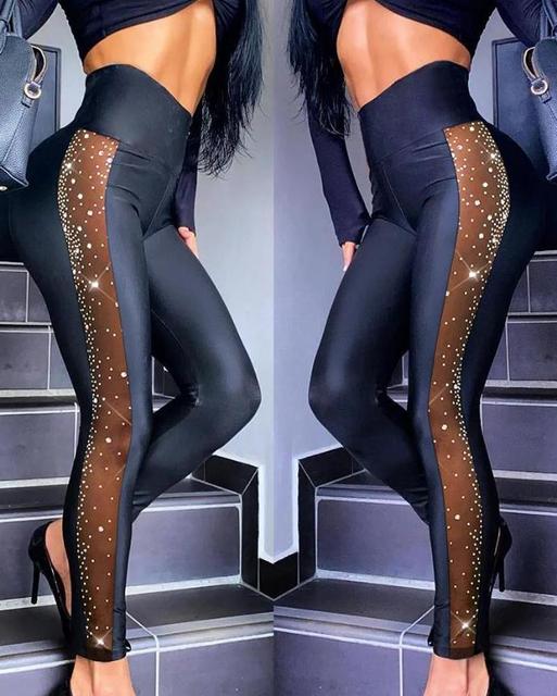 Plain Rhinestone Contrast Mesh High Waist Long Pants