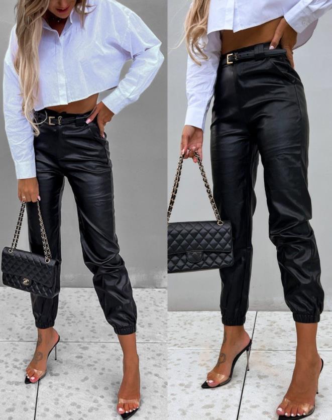 Leather High Waist Cuffed Pants